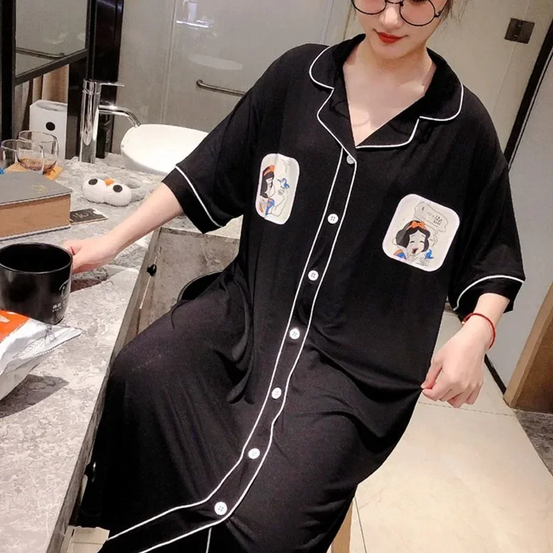 4XL 150kg Plus Size Women Loose Nightgown Lapel Cardigan Long Shirt Dress Female Casual Homewear Sexy Thin Sleepshirts Out Wear