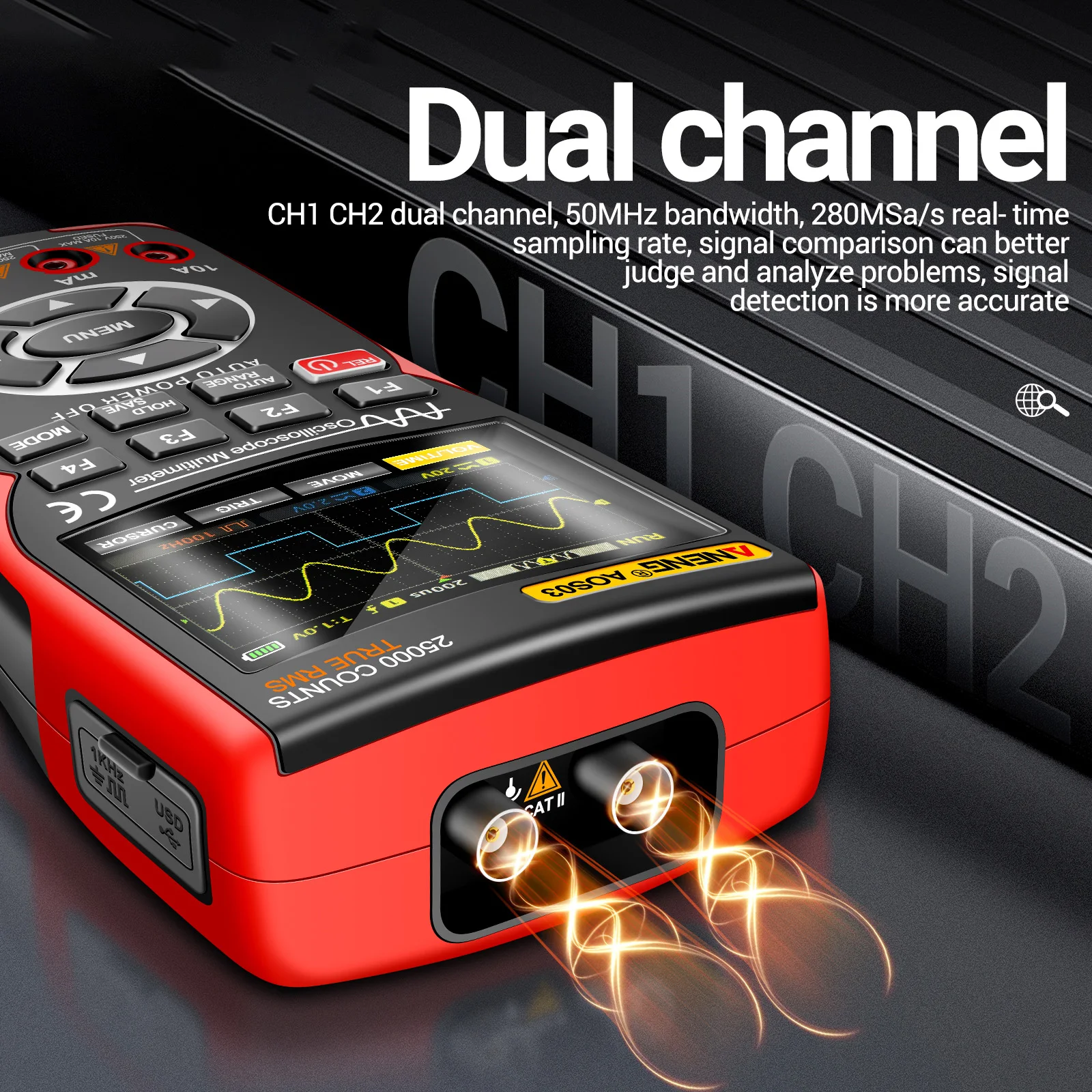 ANENG AOS03 Oscilloscope Multimeter Signal Generator Dual Channel 50MHz Bandwidth 280MSa/s Sampling 25000 Counts Multi Tester