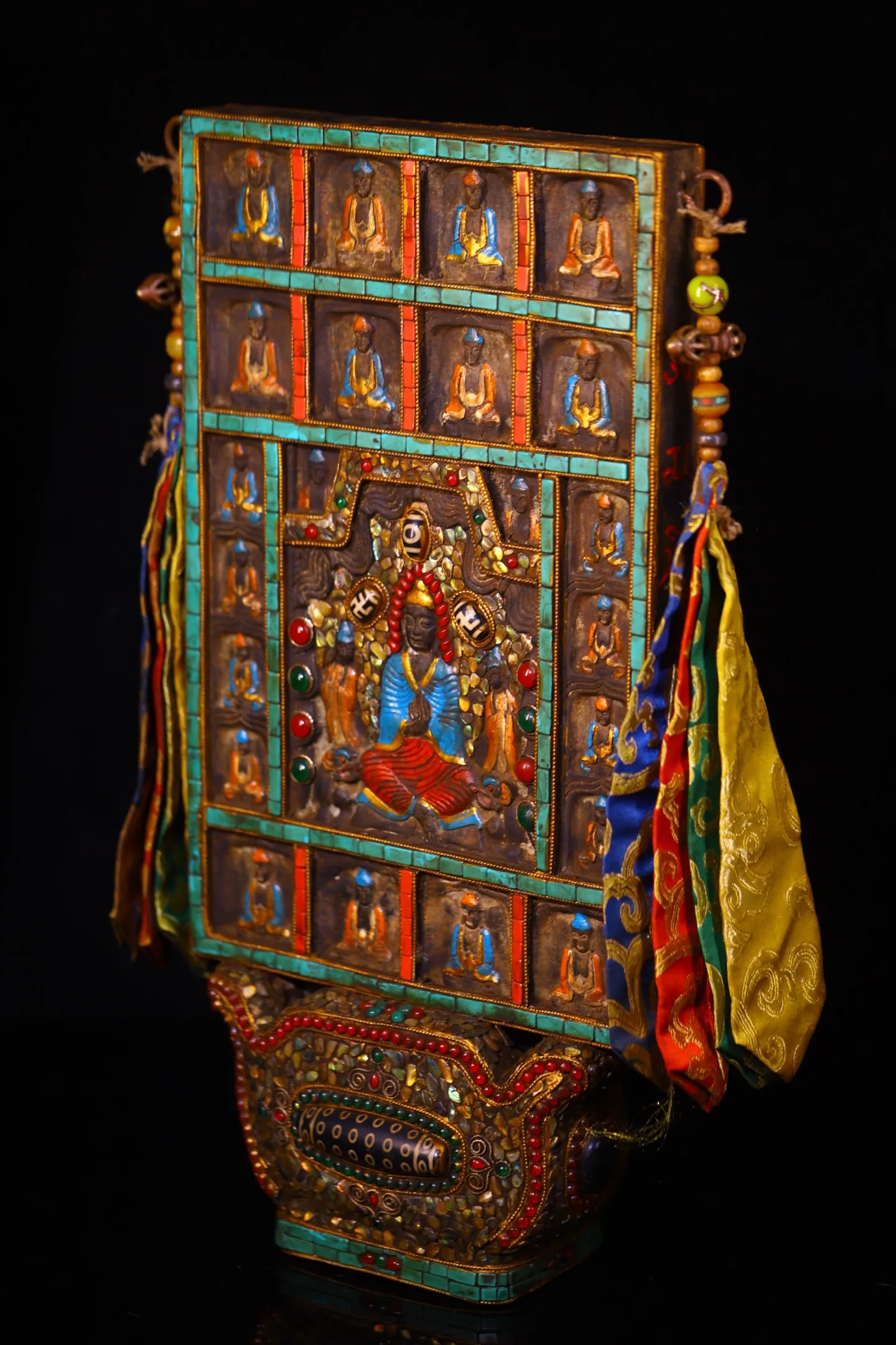 

15"Tibetan Temple Collection Old Natural Meteorite Mosaic Gem gZi Beads Turquoise Shakyamuni 20 Buddhist plaques Worship Hall