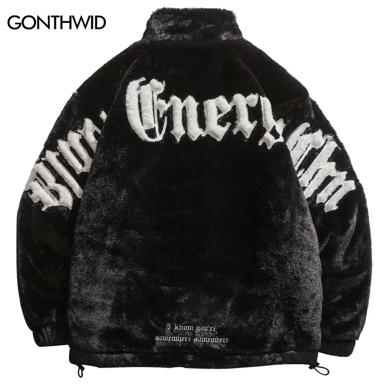 Hip Hop Winter Faux Fur Fleece Jacket Parkas Streetwear Mens Embroidery Letter Thicken Warm Padded Fluffy Plush Coats Streetwear