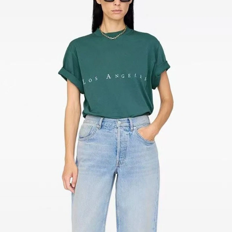 

2026 Early Spring New Classic Letter Printed Cotton Crew Neck Green Women's Short Sleeve T-Shirt