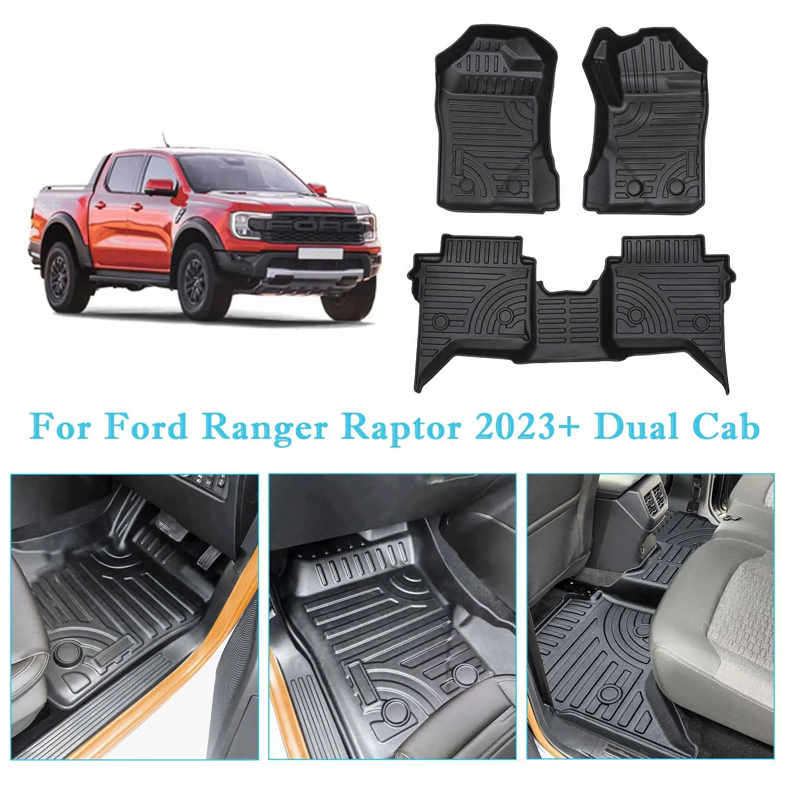 3D TPE Car Floor Mats Custom for Ford Ranger Raptor Next Gen 2022 2023+ Double Cabin Car Styling Matte Black Foot Pad