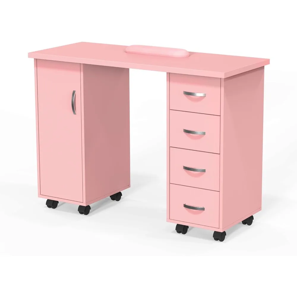

Manicure Table Nail Desk w/Cabinet, Drawers, Wheels & Arm Rest, Spa Salon Beauty Home Wooden Technician Workstation Nail Art Equ