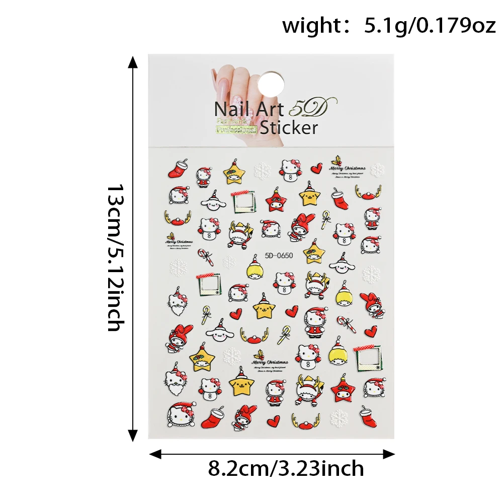 6 pçs vermelho natal olá kitty adesivos de unhas estrela de natal doce cana presente olá kitty dos desenhos animados crianças decalques de unhas adesivos decorativos