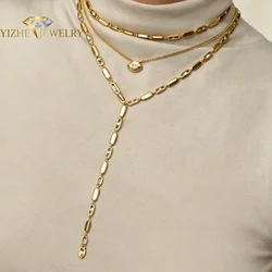 Gold Color Women Fashion Jewelry Set Geometric CZ Rectangle Charm Link Hand Chain Bracelet Choker Y Lariat Necklace