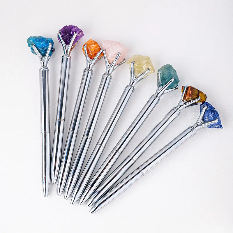 

13Pcs Natural Crystal Raw Stone Ballpoint Pens Crystal Raw Stone Metal Bead Signature Pen Student Gift Pens