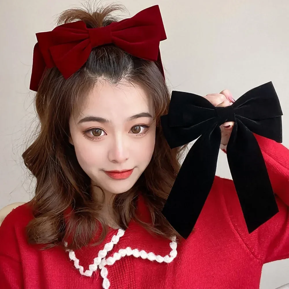 

Girls Black Red Big Velvet Bow Hair Clip for Women Vintage Wedding Long Ribbon Korean Hair Pin Barrette Fashion Hair헤어액세사리