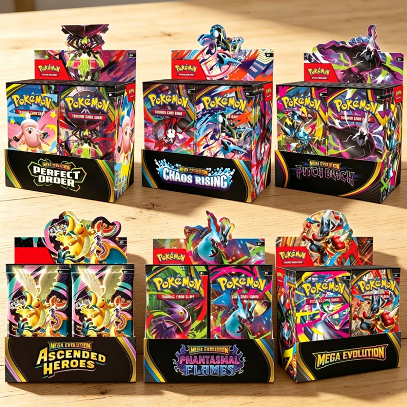 360Pcs Mega Evolution-Pitch Black Booster Display Box Chaos Rising Ascended Heroes Flames Rare Trading Cards for Collection
