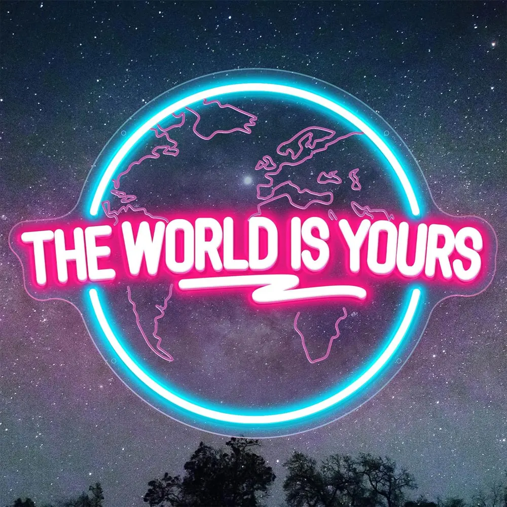 The World Is Yours Neon Sign Carved Planet LED Neon Light Sign for Office Wedding Man Cave Game Room Wall Decor Birthday Gift