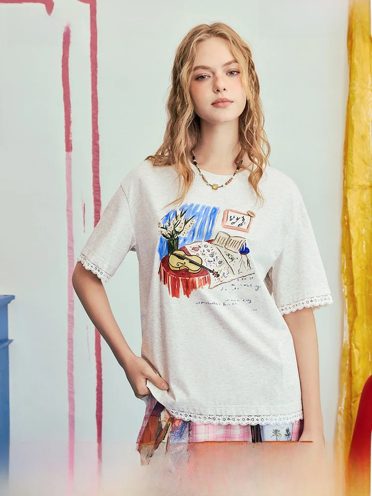 

Женская футболка с коротким рукавом в стиле ретро, с принтом и кружевными вставками, свободного кроя, летняя новинка, повседневный топ из смесового хлопка с круглым вырезом