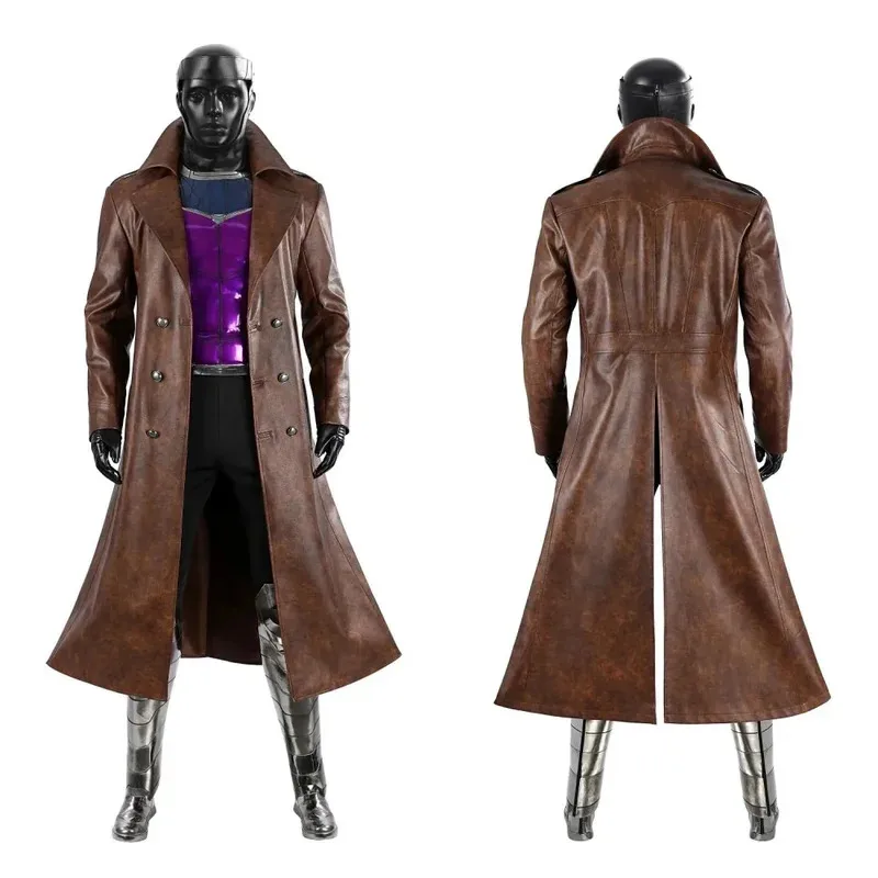 

Коричневый кожаный костюм Гамбита для косплея, длинный плащ, фиолетовый жилет, аксессуар, полный комплект и одиночные предметы продаются, индивидуальный размер goi/6