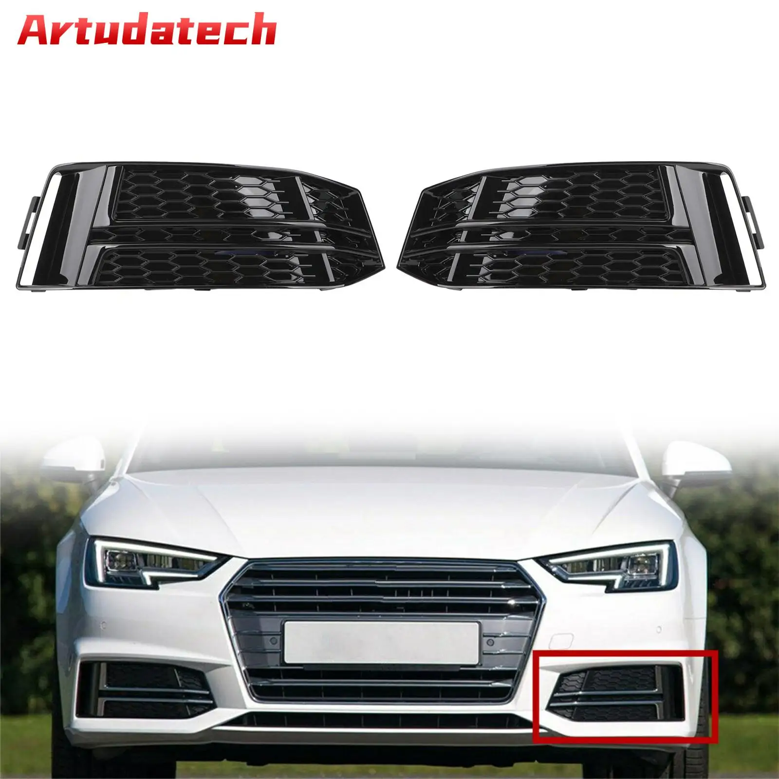 

Artudatech Black Front Fog Light Cover fit AUDI A4 B9 S-LINE 2016 2017 2018 Bumper Grille