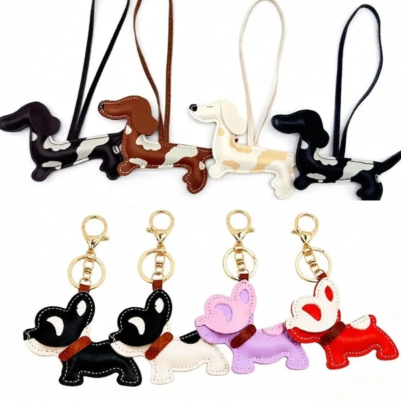 Cute PU Leather Dachshund French Bulldog Bag Pendant Cartoon Kawaii Dog Keyring Handbag Pendant Car Hanging Decor Creative Gift