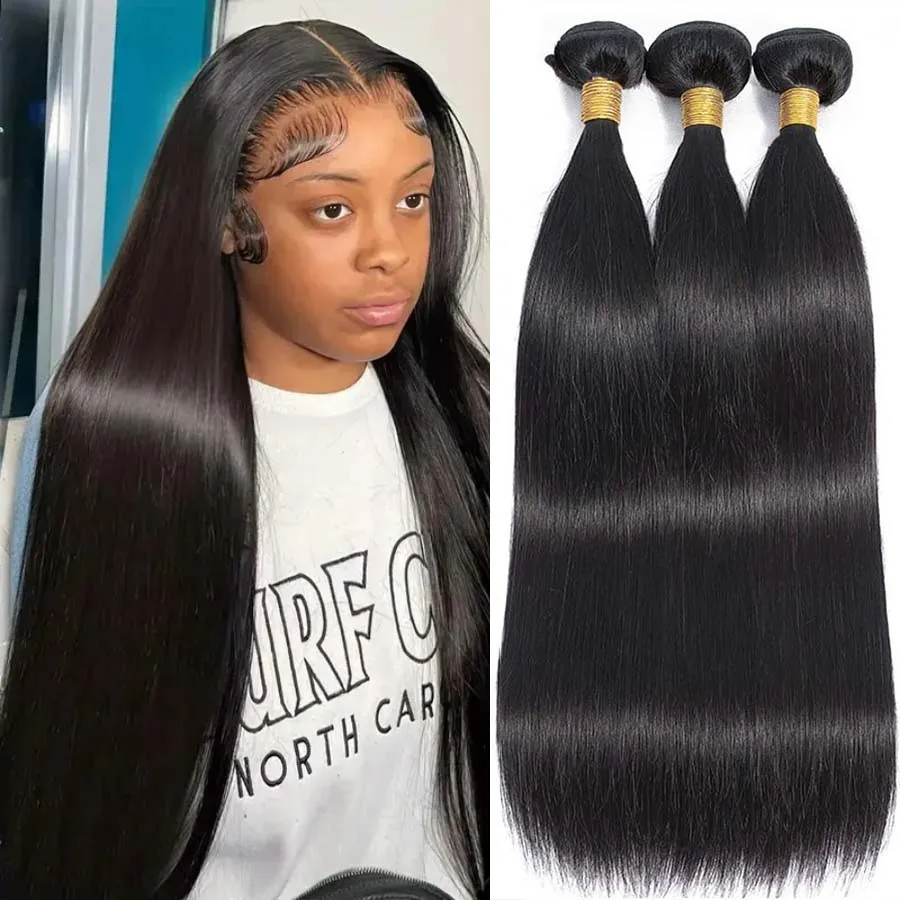 

4 Bundles Brazilian Remy Virgin Hair Extensions - 12A Grade Straight Human Hair Bundles, Natural Black Glossy