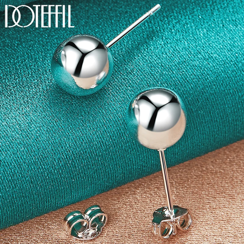 DOTEFFIL 925 Sterling Silver 8mm 10mm Round Smooth Solid Bead Ball Stud Earrings For Women Wedding Engagement Party Jewelry