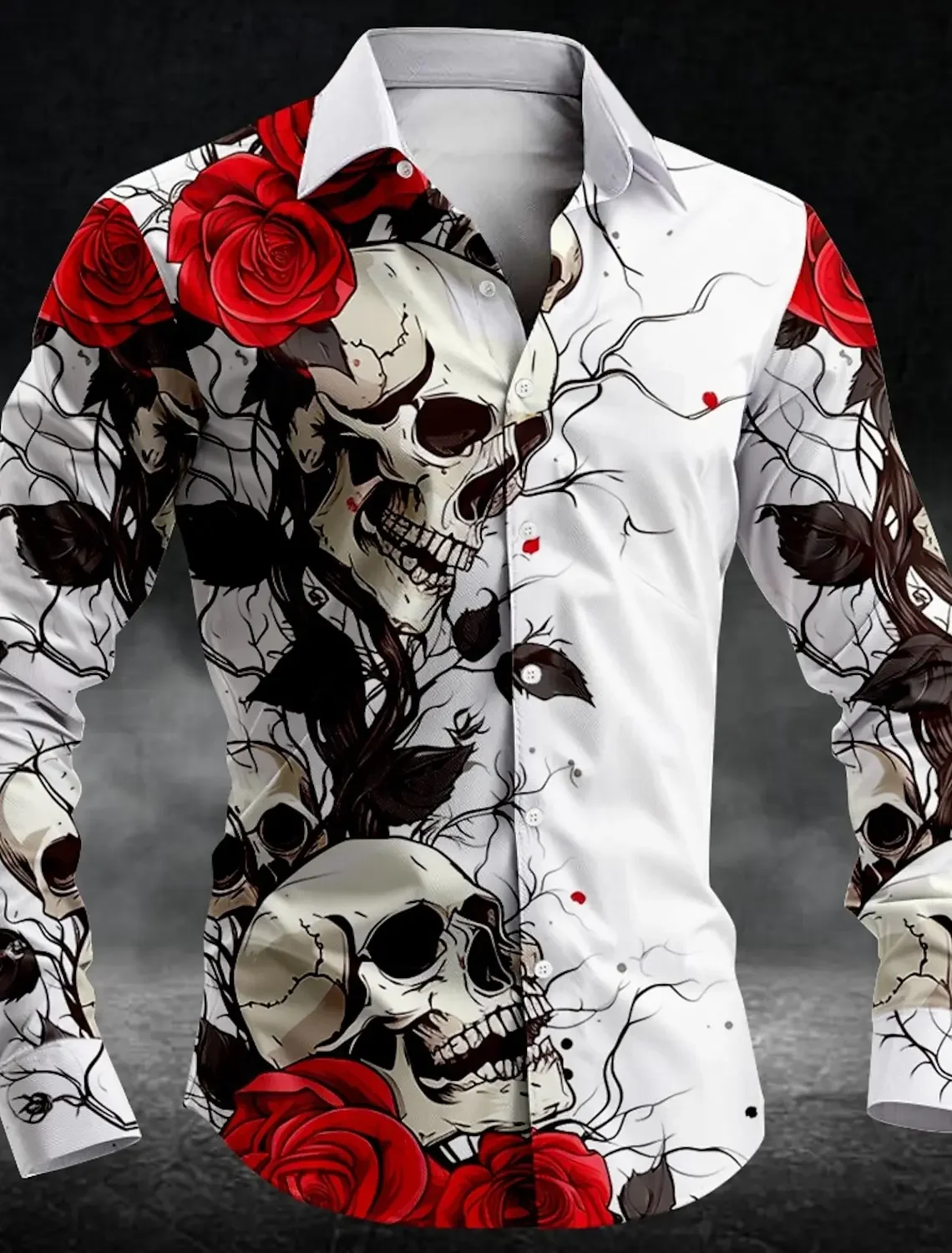 Camisa con botones para hombre, informal, oscura, con calavera rosa, manga larga, para fiesta, noche, camisa diaria, cuello, botón