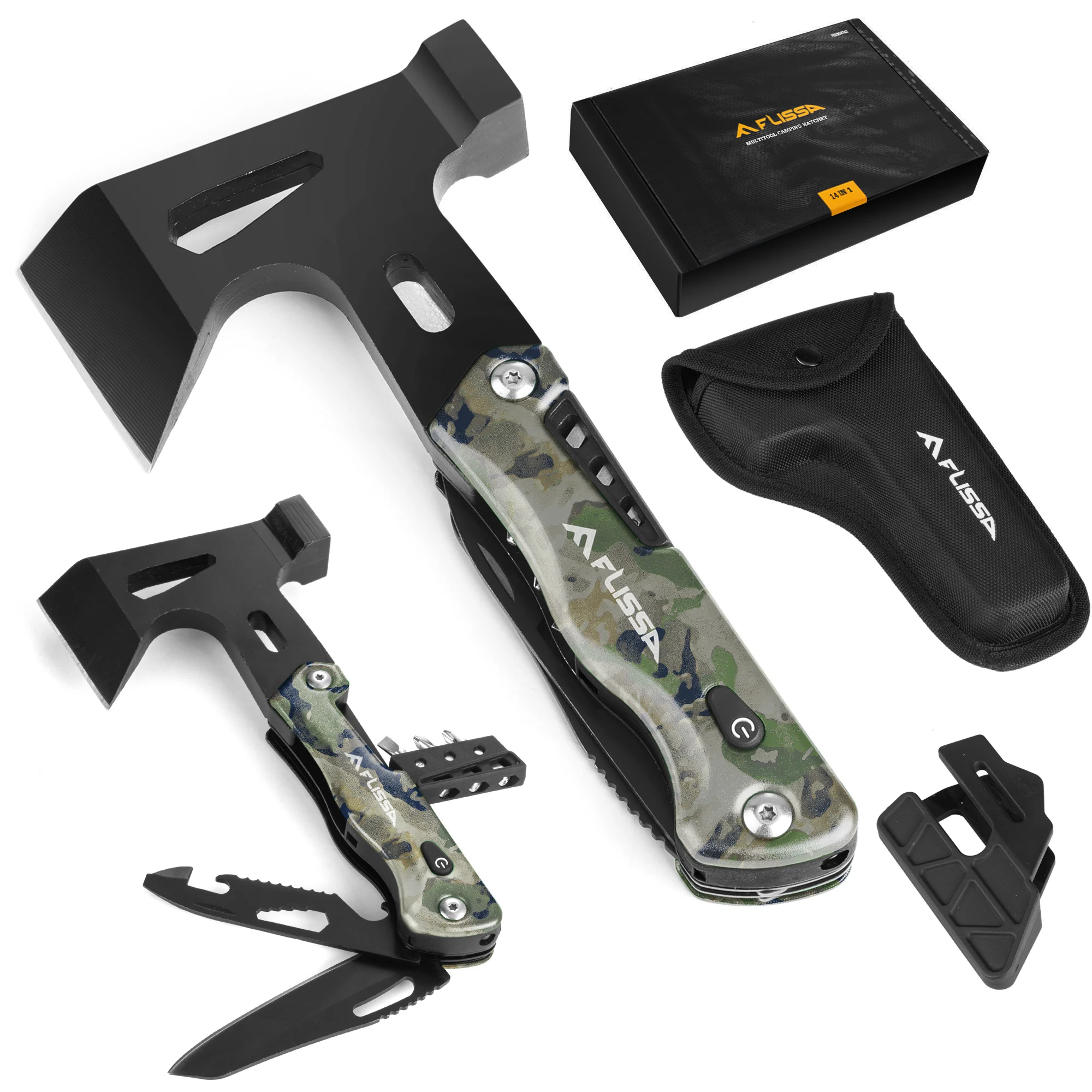 FLISSA Camping Axe Hammer Multitool, Hatchet Multi Tool Camo Stainless Steel with LED Light, EDC Hiking Survival Multi Function