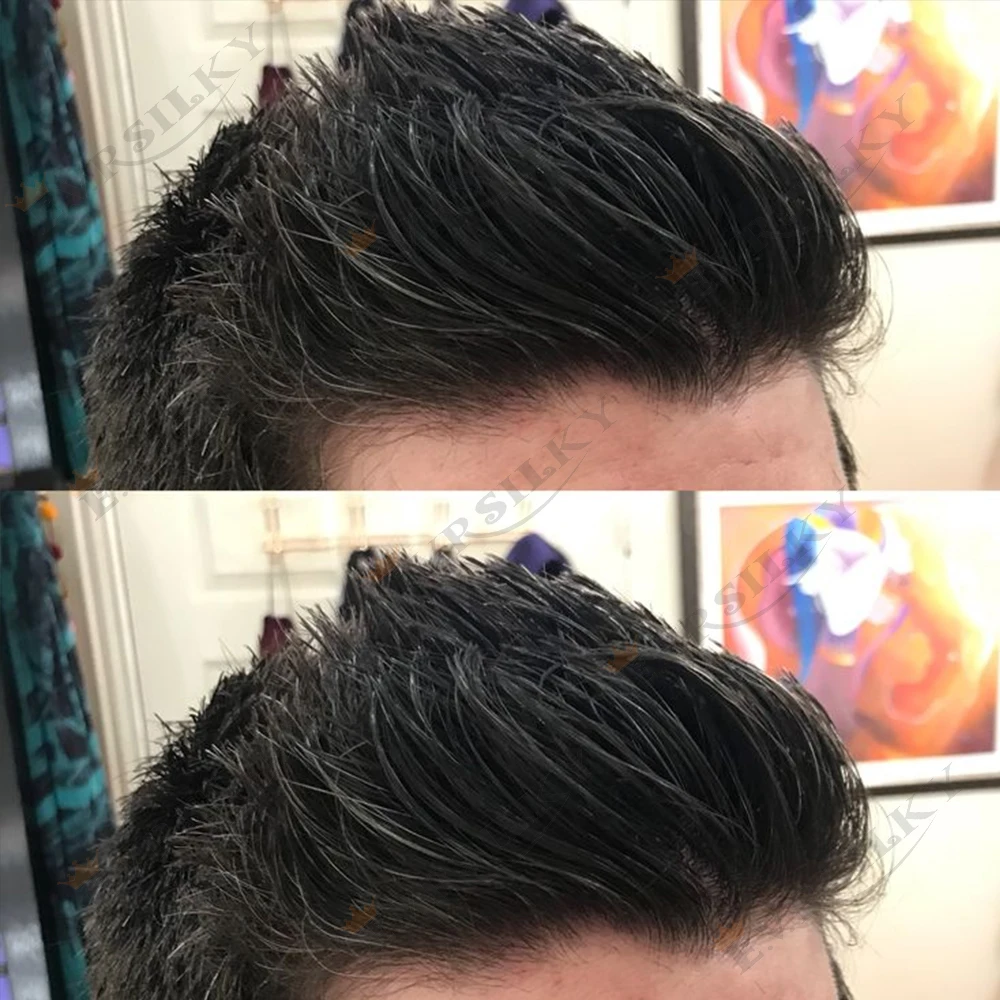 سوبر خط الشعر الطبيعي للرجال # 1 جيت أسود بني متين رقيق من البولي يوريثان شعر مستعار 1B40 1B80 نظام استبدال وحدة الشعر البشري الصلع الرمادي