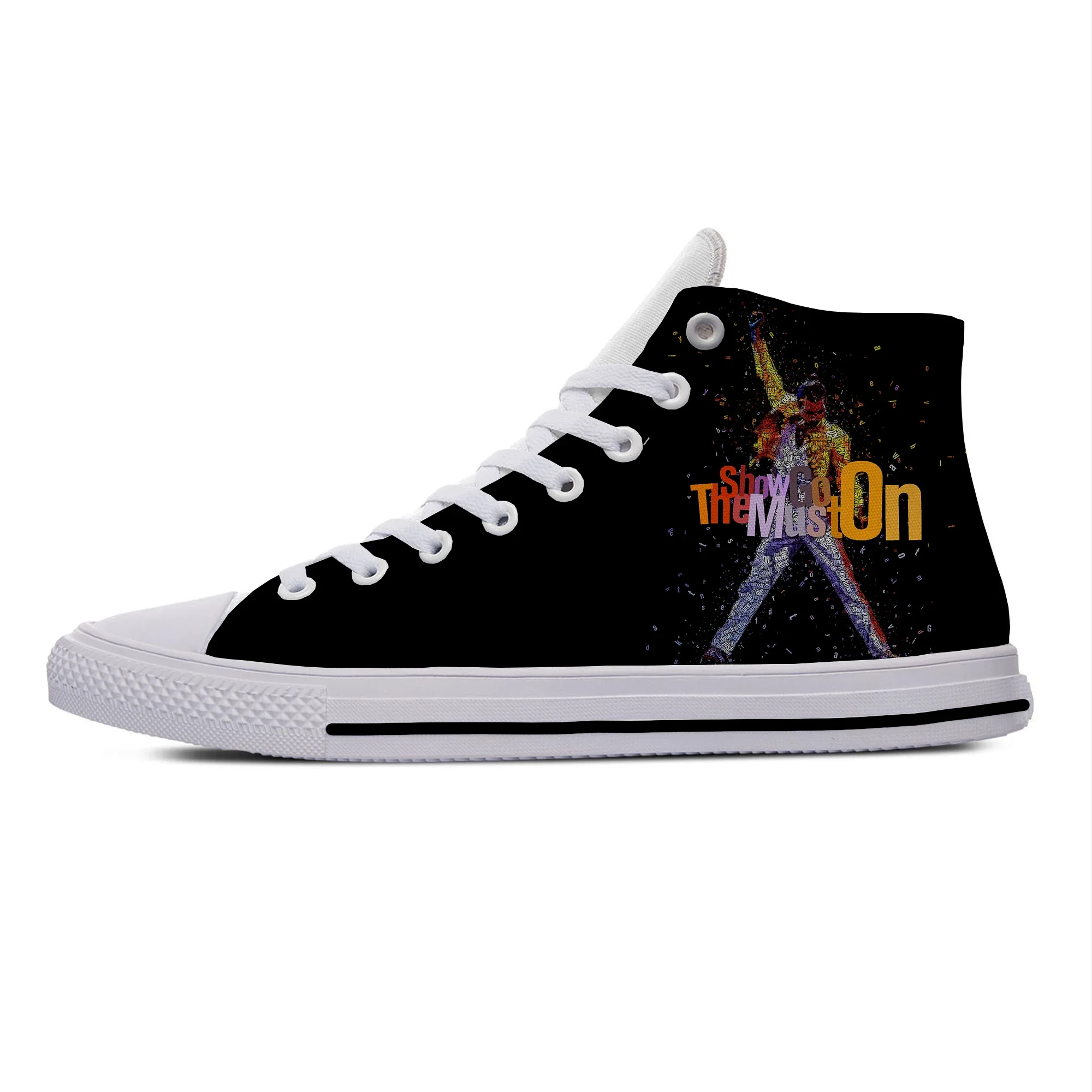 Sapatos de pano Freddie Mercury para homens e mulheres, tênis casuais, sapatos de tabuleiro, top alto, clássicos, verão, moda, must go on rock, quente