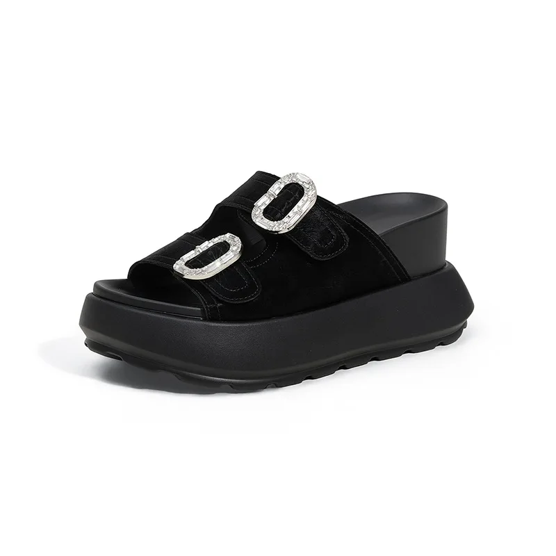 

New 2026 Women's Chunky Slippers 8.5CM Thick-Heels Peep-toe Comfort Sandals Woman Summer Retro Beach Female Rhinestone Slides