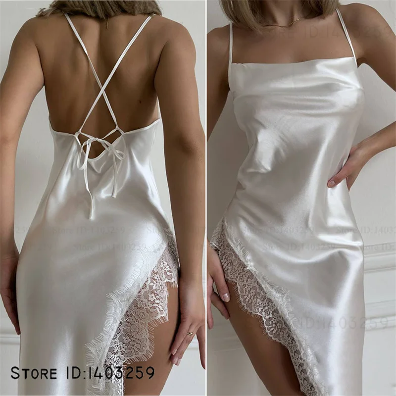 

Женская ночная рубашка на тонких бретельках, сорочка, одежда для сна, сексуальное интимное белье, кружевная ночная рубашка с открытой спиной и разрезом, домашняя одежда, атласная ночная рубашка