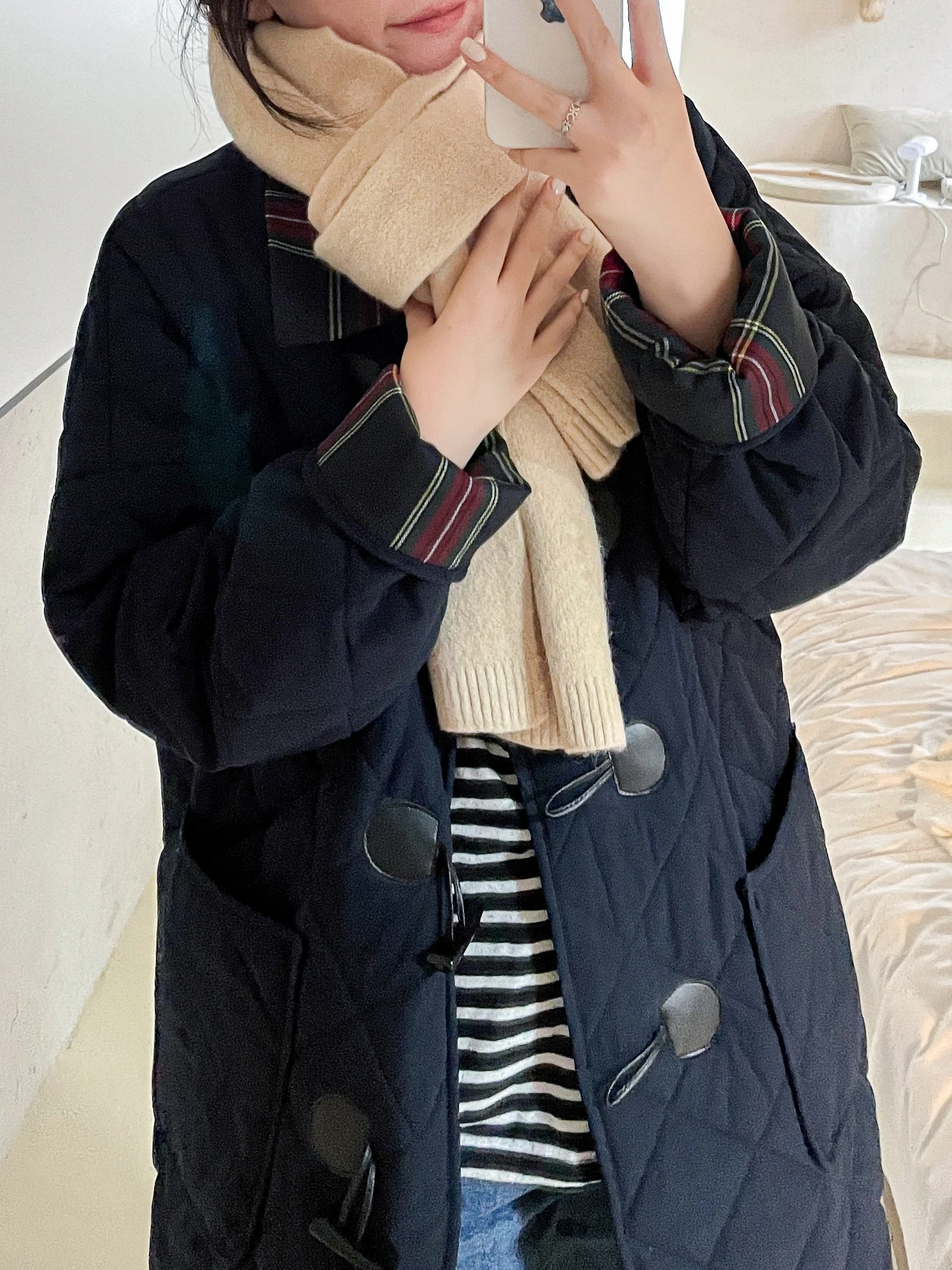 

Vintage College Sle Women's Long Coat with Fce And Cotton Diamond Splicing Design Button Closure Winter Outerwear