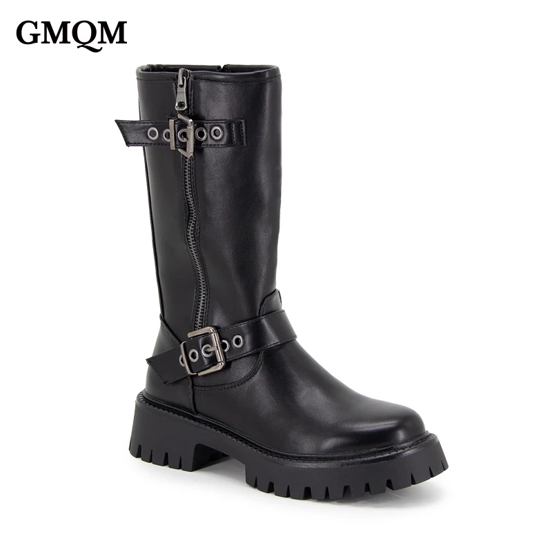 

GMQM 2025 новые модные однотонные простые стильные повседневные ботинки на молнии с круглой головкой и металлическими украшениями, женские модные ботинки до середины икры на массивном каблуке
