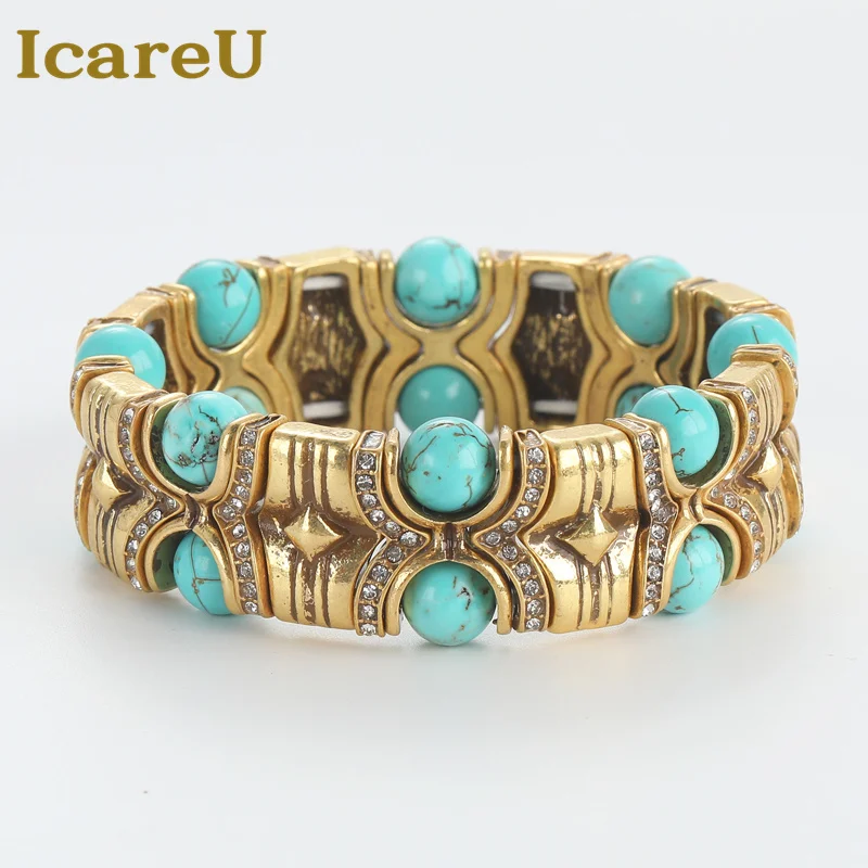 

Icareu Vintage Turquoise Jewelry Bangles For Woman 18k Real Gold Color Elasticity Bracelet Rhinestones Luxury Quality Designers