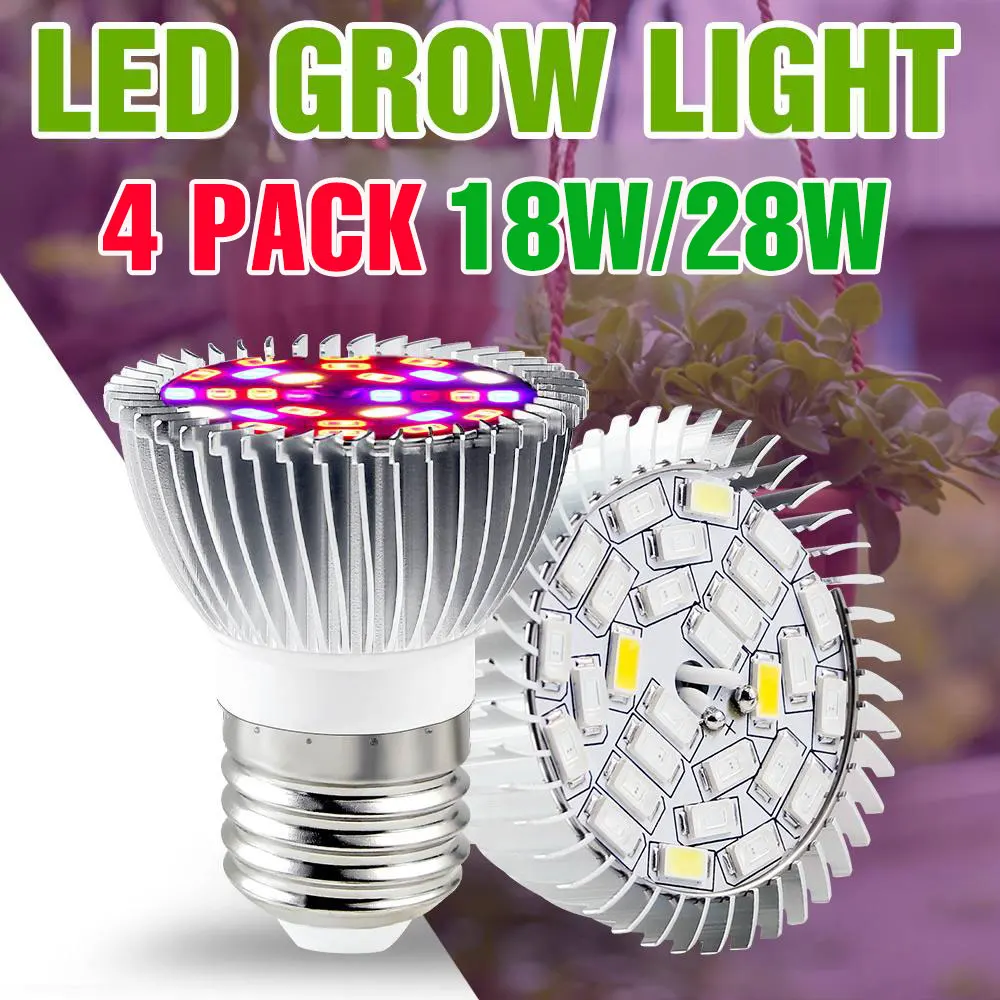 

4 Pack LED Full Spectrum Plant Grow Light Bulb Indoor Potted Flower Succulent Grow Box Cultivation Fill Lighting E27/E14 18W 28W