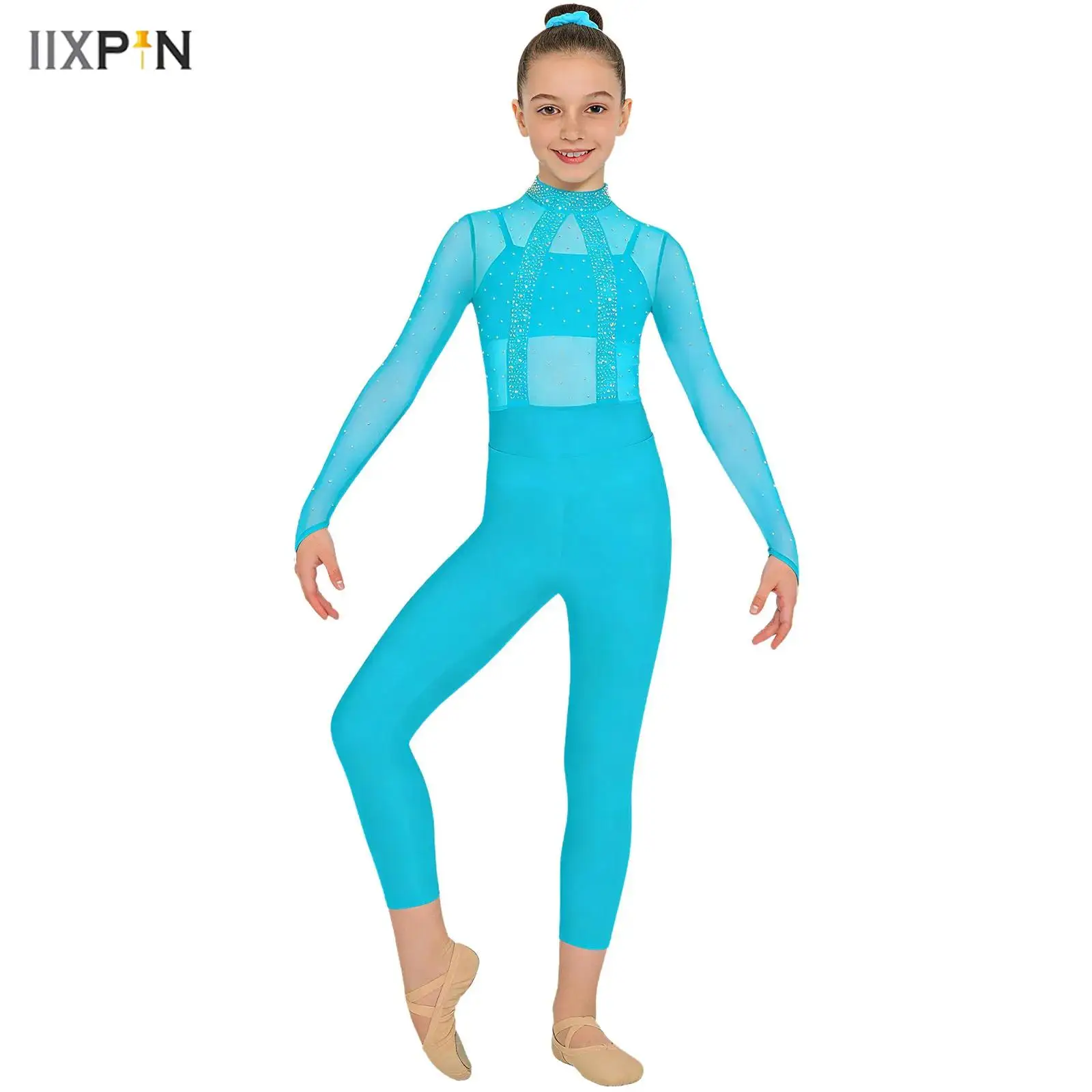 

Kids Girls Gymnastics Dance Costume Cutout Back Rhinestones Mesh Bodice Leotard+Spaghetti Straps Camisole+Leggings+Hairband Set