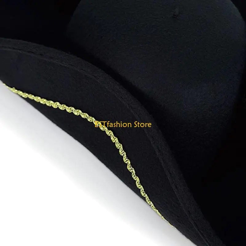 Y5GC Victorian Pirate Hat Fleece Gold Silk Thread Trim Tricorn Hat Costume Accessory