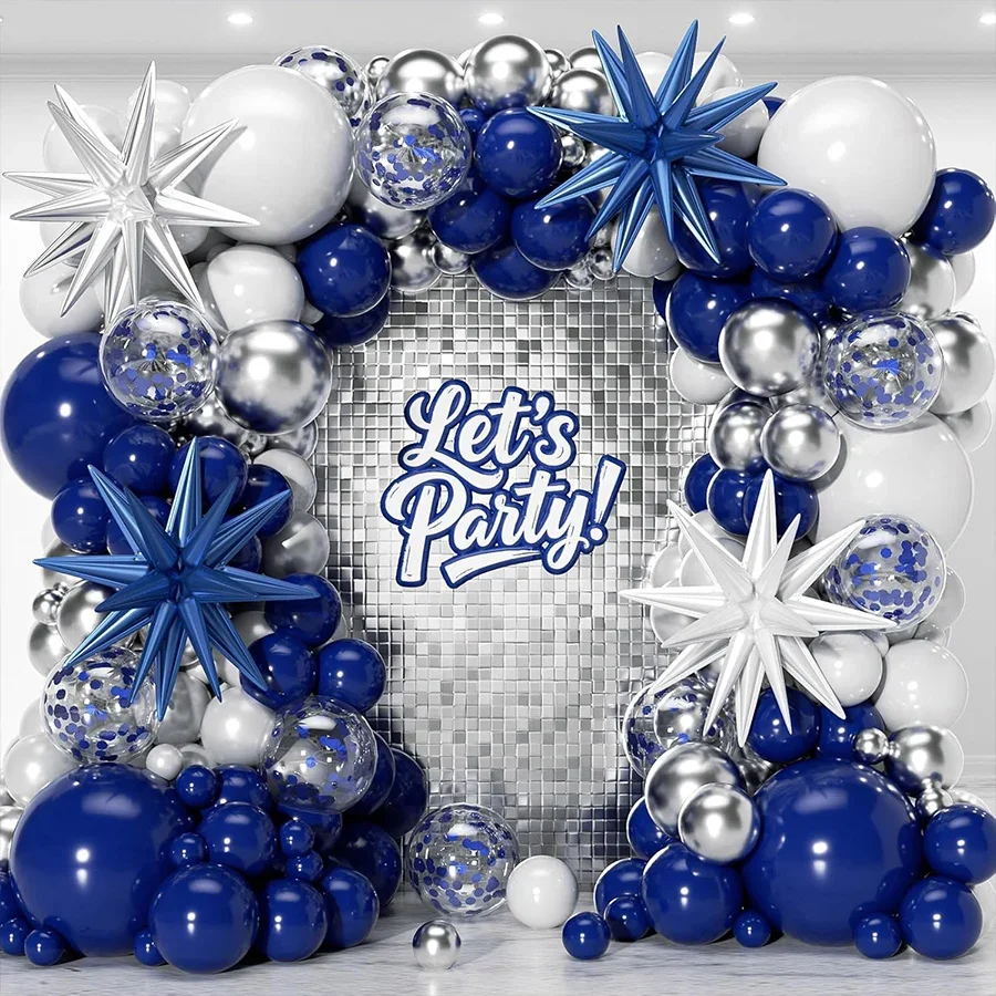 Confetti Navy Blue White Silver Balloons Garland Kit with Stars for Wedding Birthday Babyshower Anniversary Party Decorations