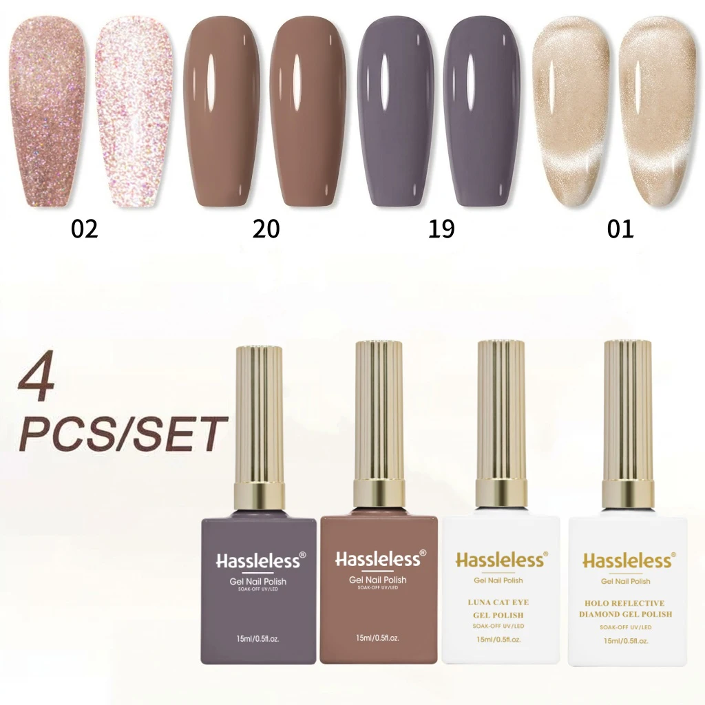 Hassleless 4-Piece Autumn and Winter Maillard Nail Polish Set, Fine Shimmering Nude Gold, Coffee Brown, Gray Purple Cat Eye, High-End Retro Colors, Translucent, Brightening, Long-Lasting Uv, Suitable for Nail Salons an