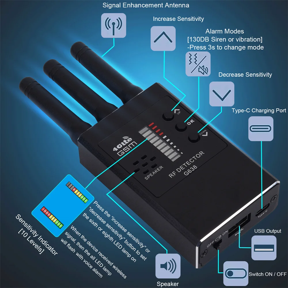 Imagem -03 - Detector de Sinal rf Gsm Audio Bug Finder Gps Tracker Lens Anti-spy Forte Ímã Detecta Câmera Escondida Scanner G638 Profissional