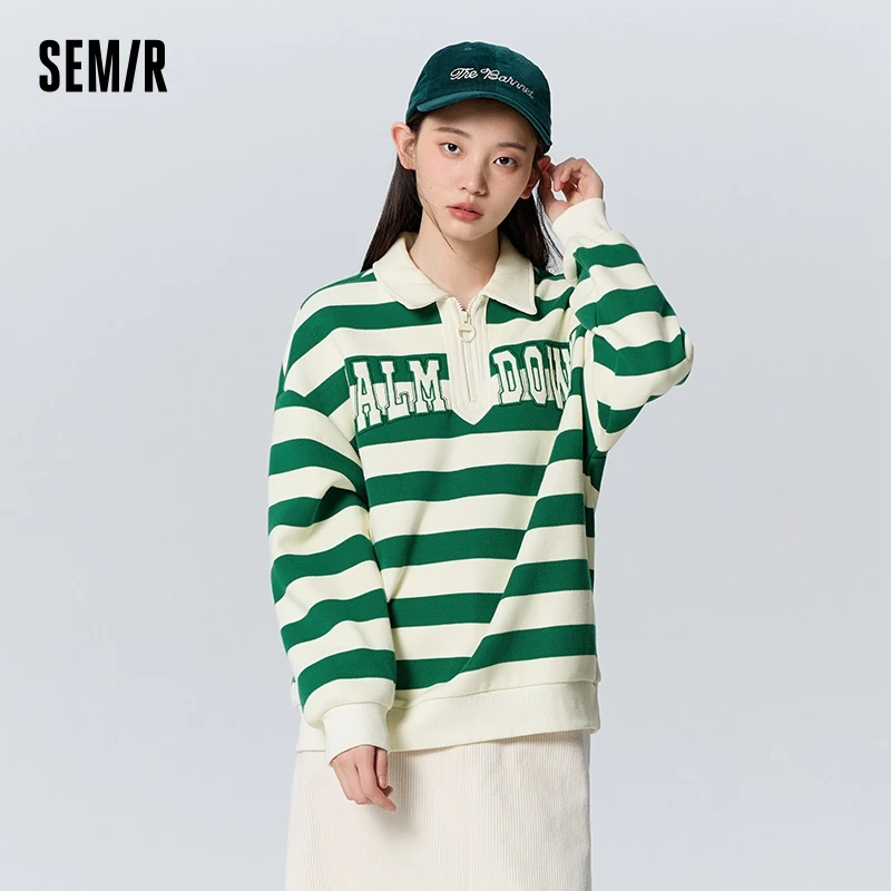 Semir Sweater Women Waffle Texture Striped Shirt Oversize Winter Polo Collar Letter Embroidered Retro Sweatshirt