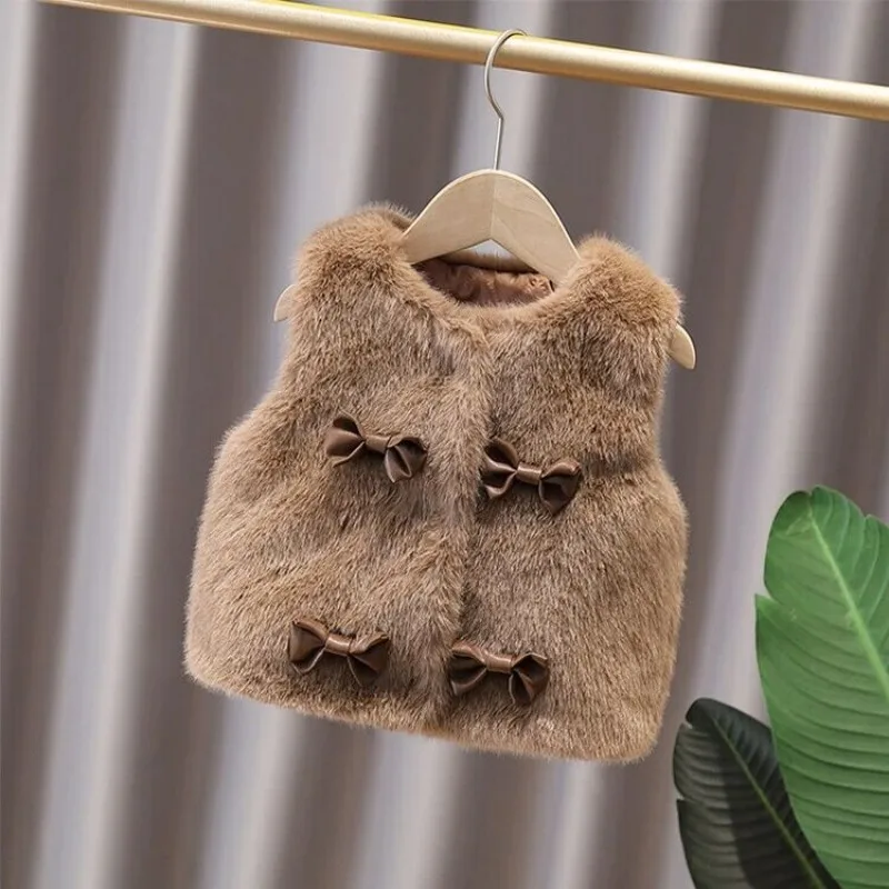 

Girl's Sweet Bow Vest Autumn/Winter Children's Stylish Hairy Thick Vest Coat Waistcoat
