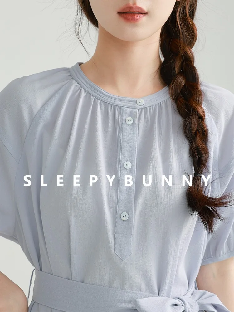 Elegant Blue Short Sleeve Maxi Dress Women French Belted Waist Slim Round Neck Gown Lightweight Flowy Dress Draped Silhouette