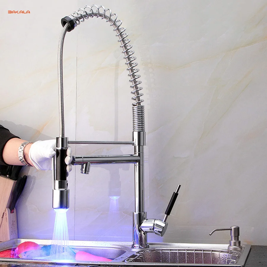 BAKALA  LED kitchen faucet pull out sink mixer   swivel taps sprayer head Pull Down faucet LH-8081