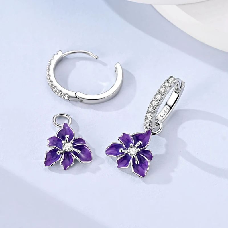 925 Sterling Silver Paved CZ Huggie Hoop Earrings Purple Enamel Flower Dangle Drop Earring Blooming Blessing Floral Jewelry Gift