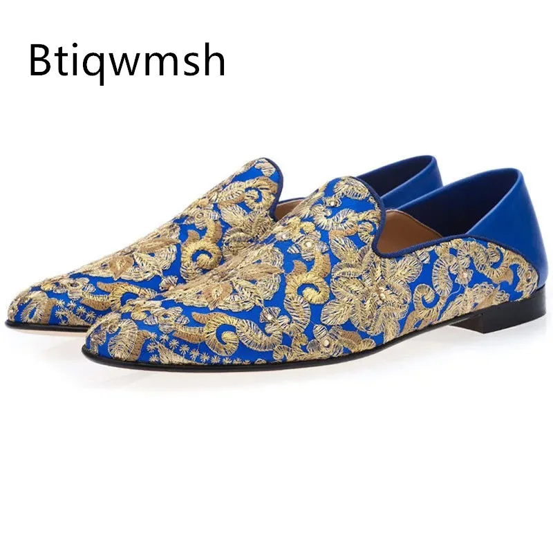 

Blue Embroidered Wedding Shoes Man Pointed Toe Diamond Flower Slip On Flats Male Fashion Party Shoes