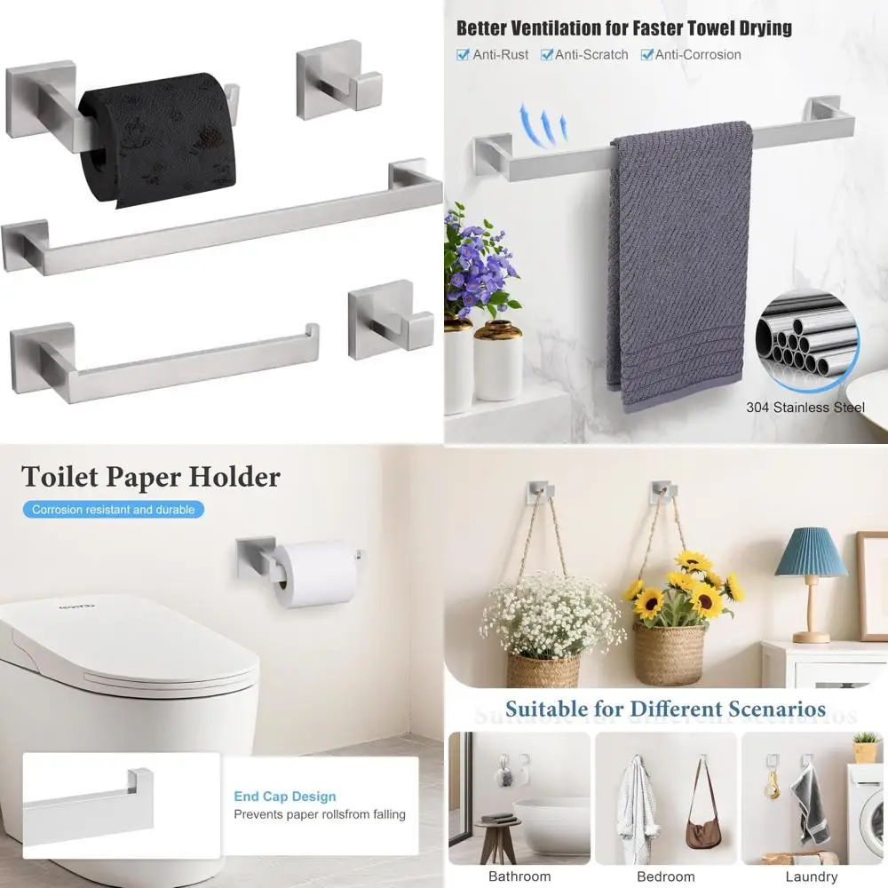 

5-Piece Brushed Nickel Bathroom Hardware Set - Towel Bar, Holder, and Hooks, Stainless Steel 304, Modern Bath Accessory Collecti