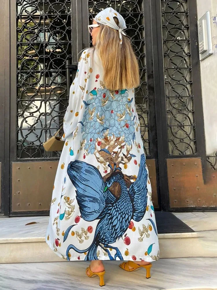 Fashion Print Pareo Sexy Swimwear Cover Up Kimono Cardigan 2023 Summer Clothes Women Elegant Long Dress Beachwear Swimming Robe