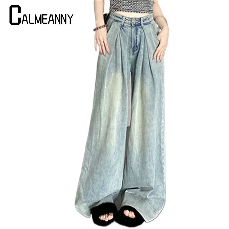 レディースワイドレッグジーンズ 2025 春夏 韓国版 ファッション ヴィンテージ ストリートウェア シンプル オールマッチ レジャー ハイウエスト トラウザーズ