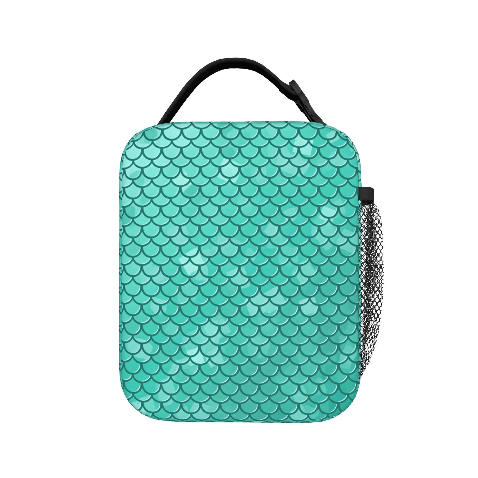 Teal Mermaid Scales Lunch Bag Aesthetic Picnic Lunch Box Print Portable Insulated Thermal Tote Handbags