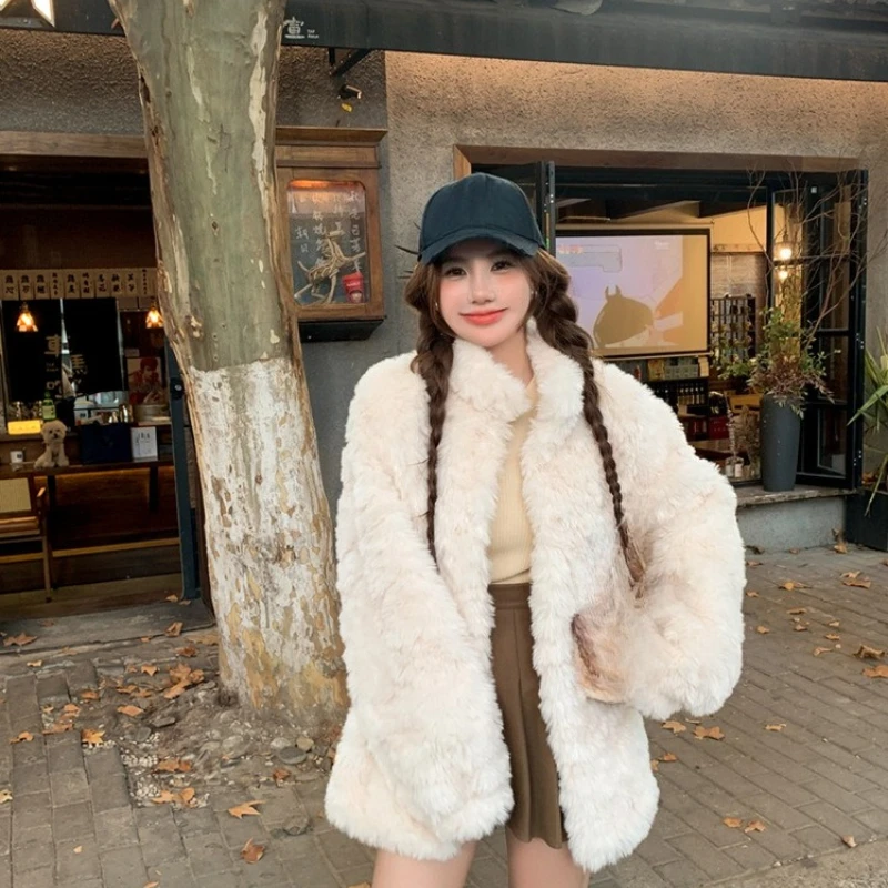 

Winter Stand-up Collar Lamb Wool Coat Women's Clothing Korean Fashion Medium and Long Fur Loose Casual Plush Clothes