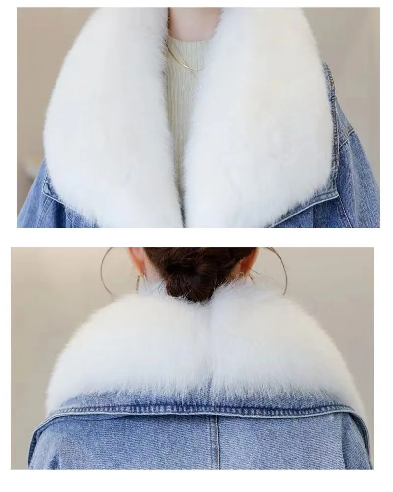 2023 Winter Women New Luxury Natural True Fox Fur Big Collar Goose Down Denim Down Jackets Short Warm Casual Jacket Coat