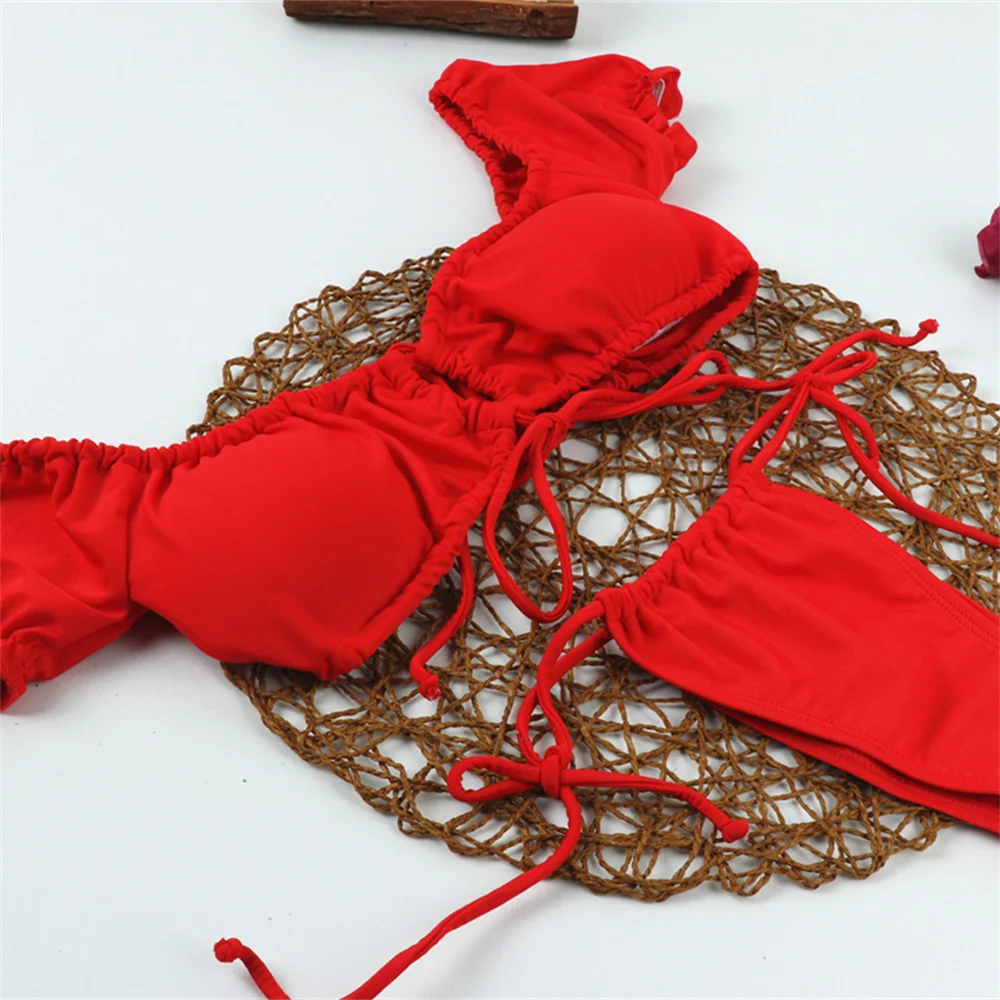 الأحمر Tankini ثونغ نفخة الأكمام بيكيني ملابس السباحة الدانتيل يصل عطلة ملابس النساء مثير مجموعة ثوب السباحة البرازيلي شاطئ الصيف الزي