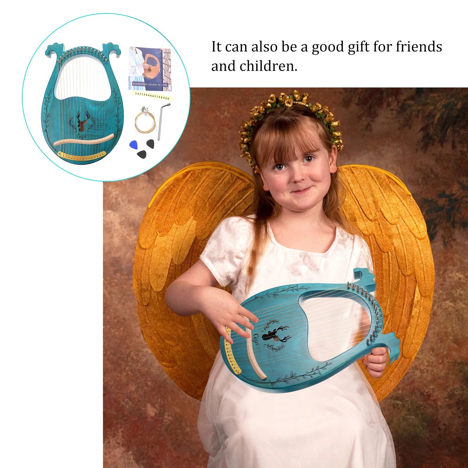

16 String Lyre Harp Solid Wood Musical Instrument Blue Color Portable Design Extra Strings Picks Kids Toy Gifts Long Lasting