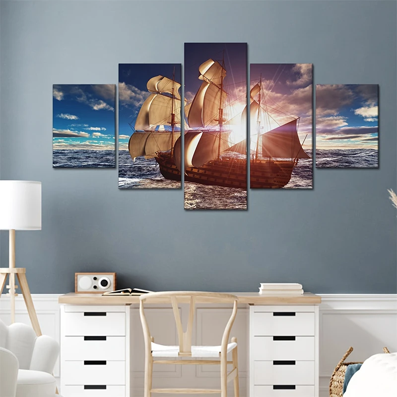 5 Panel Set Canvas Painting Sunrise On The Sea Ship Away Giant Sailboat Living Room Office Conference Room Wall Decorations