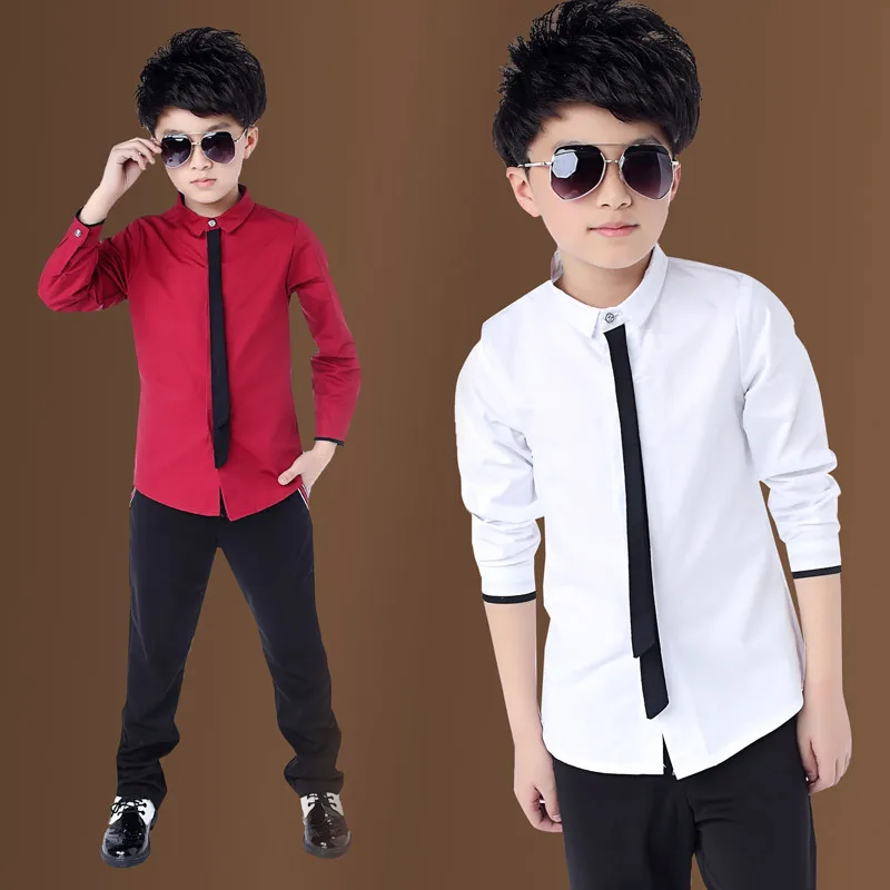 Hot Sale Children Boy\'s Red Shirts Spring Classic Solid White Tops Cotton Long Sleeve Shirt for 4-15Yrs Autumn Kids Clothes New